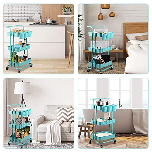 alvorog 3-Tier Rolling Utility Cart Storage Shelves Multifunction Storage Trolley Service Cart with Mesh Basket Handles and Wheels Easy Assembly for Bathroom, Kitchen, Office (Blue)