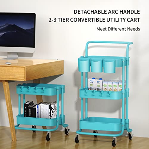 alvorog 3-Tier Rolling Utility Cart Storage Shelves Multifunction Storage Trolley Service Cart with Mesh Basket Handles and Wheels Easy Assembly for Bathroom, Kitchen, Office (Blue)