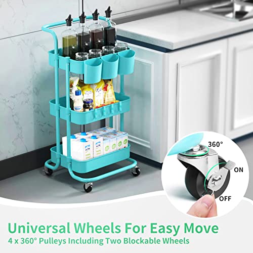 alvorog 3-Tier Rolling Utility Cart Storage Shelves Multifunction Storage Trolley Service Cart with Mesh Basket Handles and Wheels Easy Assembly for Bathroom, Kitchen, Office (Blue)