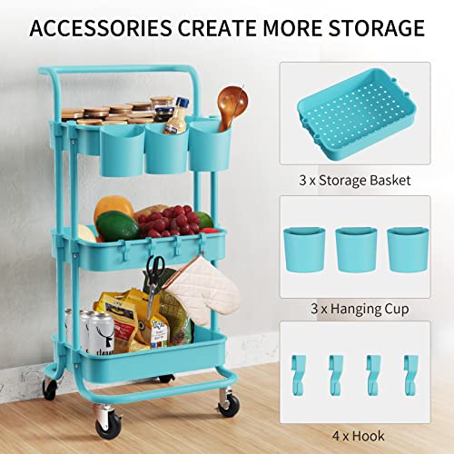 alvorog 3-Tier Rolling Utility Cart Storage Shelves Multifunction Storage Trolley Service Cart with Mesh Basket Handles and Wheels Easy Assembly for Bathroom, Kitchen, Office (Blue)