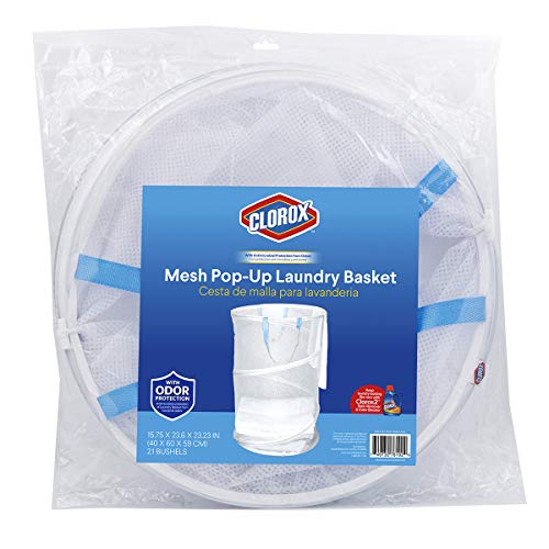 Clorox Pop Up Laundry Basket – Lightweight Mesh, Round, Holds 2.1 Bushels | Odor Protection Keeps Clothes Smelling Fresh | Collapsible Easy Storage | Portable, Folding Hamper, White