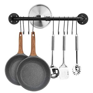 toplife 23.7 inch pot rack, kitchen wall mounted detachable pan lid utensils organizer hanging rail with 10 hooks, black