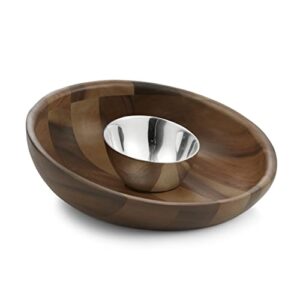 nambe luna chip and dip server | acacia wood appetizer platter with metal dip bowl | for guacamole, nachos, chips, and salsa | appetizer and snack serving tray | 12-inch