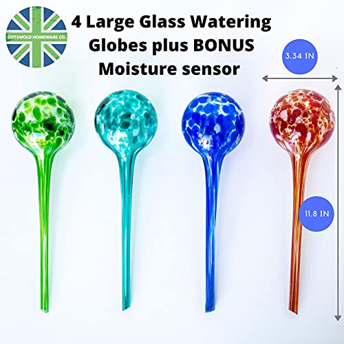 Cotswold Homeware Co Plant Watering Globes - Plant Watering Devices - Plant Watering Bulbs - Self Watering Spikes -Decorative Hand Blown Glass - Watering Bulbs - Free Moisture Meter 4 Large Size