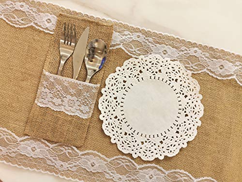 Lucky Monet 50PCS 4 x 8Inch Natural Burlap Lace Silverware Bag Utensil Holder Cutlery Pouch Hessian Knife Fork Tableware Bags for Wedding Party Restaurant Decoration (50PCS)