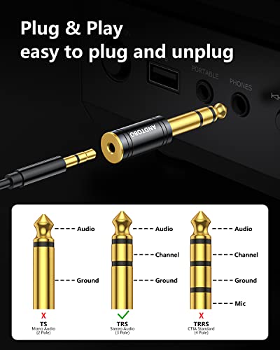 ANDTOBO 1/4''(6.35mm) Male to 1/8'' (3.5mm) Female Stereo Audio Jack Pure Copper Adapter for Headphone, Amp, 1 Pack-Black