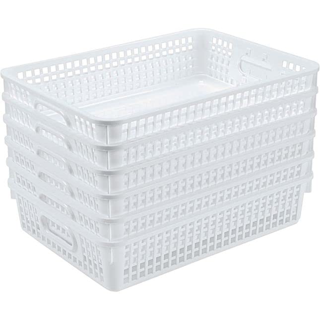 Really Good Stuff 6PK Plastic Desktop Paper Storage Basket for Classroom or Home–14”x10” Plastic Mesh Basket-Secure Papers Crease-Free–White