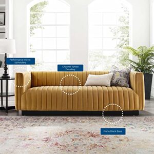 Modway Conjure Channel Tufted Upholstered Performance Velvet Sofa in Cognac