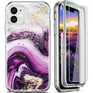 firmge for iphone 11 case, with [2 x tempered glass screen protector] 360 full-body coverage hard pc+soft tpu silicone 3 in 1 military grade heavy duty shockproof phone protective cover marble 04