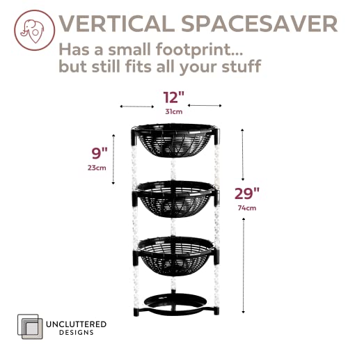Uncluttered Designs Stacking Basket Bins (3 Tier + Plate) — Display for Fruit, Potato, Onion & Produce — Crafts, Art Supplies & Housewares Organizer — Bedroom & Bathroom Organization & Storage (Black)