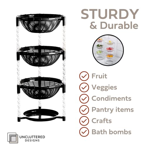 Uncluttered Designs Stacking Basket Bins (3 Tier + Plate) — Display for Fruit, Potato, Onion & Produce — Crafts, Art Supplies & Housewares Organizer — Bedroom & Bathroom Organization & Storage (Black)