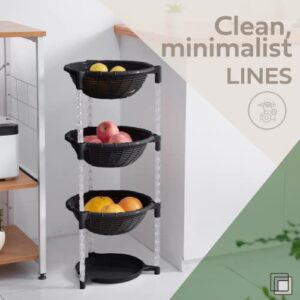 Uncluttered Designs Stacking Basket Bins (3 Tier + Plate) — Display for Fruit, Potato, Onion & Produce — Crafts, Art Supplies & Housewares Organizer — Bedroom & Bathroom Organization & Storage (Black)