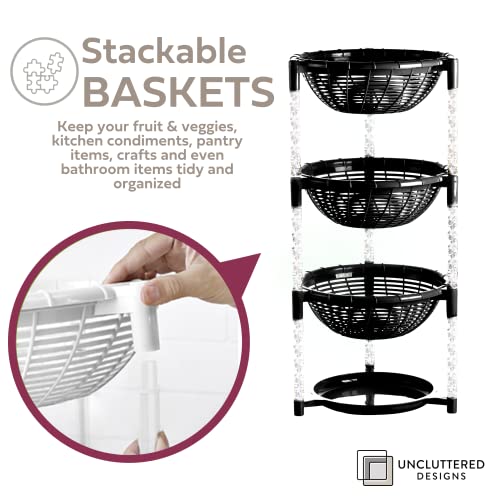 Uncluttered Designs Stacking Basket Bins (3 Tier + Plate) — Display for Fruit, Potato, Onion & Produce — Crafts, Art Supplies & Housewares Organizer — Bedroom & Bathroom Organization & Storage (Black)