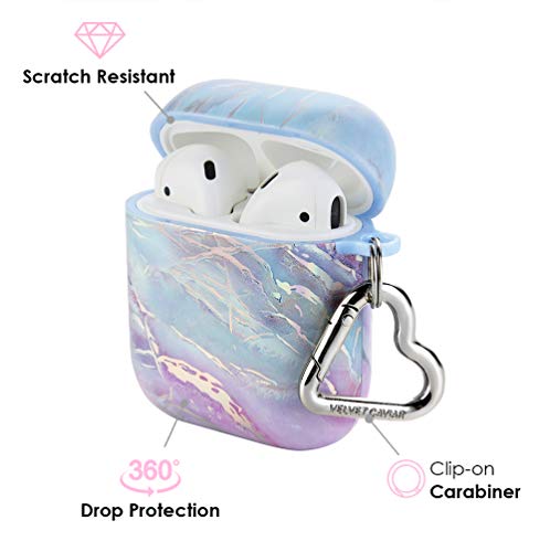 Velvet Caviar Marble AirPod Case for Women & Girls [Updated Top] with Keychain - Cute Protective Hard Cases Compatible with Apple Airpods 1/2 (Holographic Pink Blue)