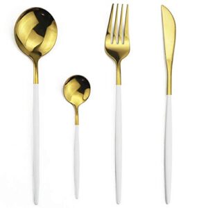 JANKNG 24-Piece Flatware Set, 18/0 Stainless Steel Knife Fork Spoon Teaspoon Silverware Set, Service for 6, White Handle Gold