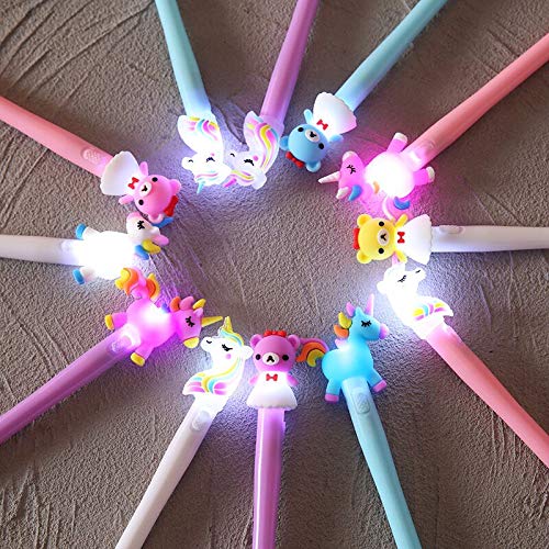 Chris.W 12 Pcs Unicorn Led Pens Bear Flashing Gel Ink Pens Light up Pen Glow in The Dark Kids Pen Birthday Party Favors Flashing Toy