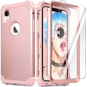 idweel iphone xr case with tempered glass screen protector, iphone xr case for women, 3 in 1 shockproof slim hybrid heavy duty hard pc cover soft silicone bumper full body case, rose gold