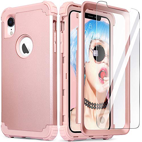 IDweel iPhone XR Case with Tempered Glass Screen Protector, iPhone XR Case for Women, 3 in 1 Shockproof Slim Hybrid Heavy Duty Hard PC Cover Soft Silicone Bumper Full Body Case, Rose Gold