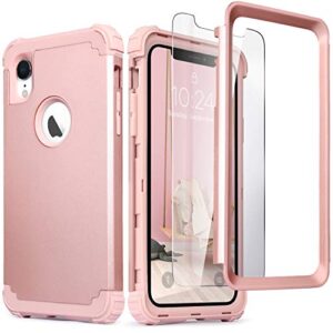 IDweel iPhone XR Case with Tempered Glass Screen Protector, iPhone XR Case for Women, 3 in 1 Shockproof Slim Hybrid Heavy Duty Hard PC Cover Soft Silicone Bumper Full Body Case, Rose Gold