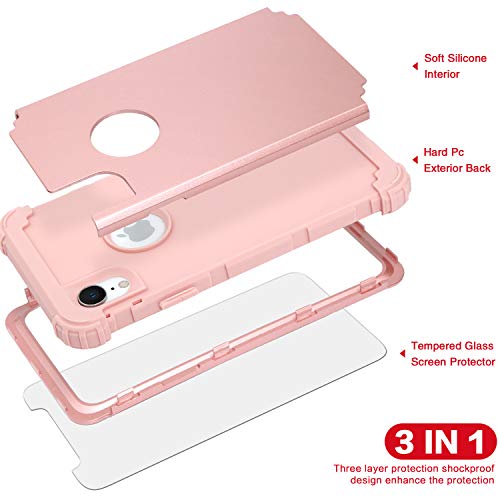 IDweel iPhone XR Case with Tempered Glass Screen Protector, iPhone XR Case for Women, 3 in 1 Shockproof Slim Hybrid Heavy Duty Hard PC Cover Soft Silicone Bumper Full Body Case, Rose Gold