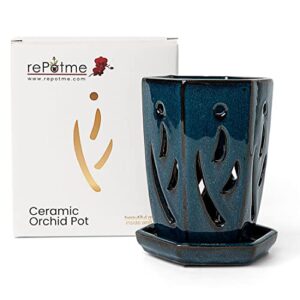 repotme) 4 x 6 inch hexagon ceramic orchid pot with matching saucer (teal jade)