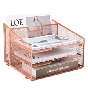 meshist rose gold desk accessories organizer, desktop file organzier with 3 letter trays and 1 upright section, paper organizer for home and office