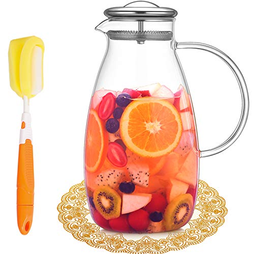 [90 OZ] Glass Pitcher with Stainless Steel Lid, Hot/Cold Water Jug, Juice and Iced Tea Borosilicate Glass Beverage Carafe, 100% Lead-free