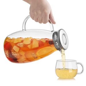 [90 OZ] Glass Pitcher with Stainless Steel Lid, Hot/Cold Water Jug, Juice and Iced Tea Borosilicate Glass Beverage Carafe, 100% Lead-free