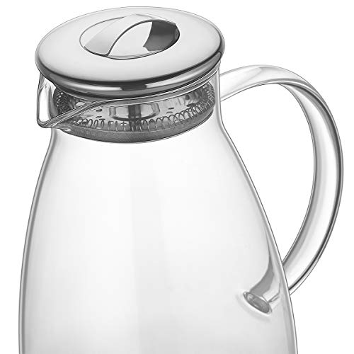 [90 OZ] Glass Pitcher with Stainless Steel Lid, Hot/Cold Water Jug, Juice and Iced Tea Borosilicate Glass Beverage Carafe, 100% Lead-free