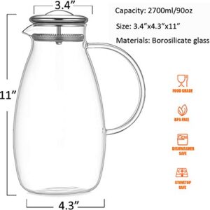 [90 OZ] Glass Pitcher with Stainless Steel Lid, Hot/Cold Water Jug, Juice and Iced Tea Borosilicate Glass Beverage Carafe, 100% Lead-free