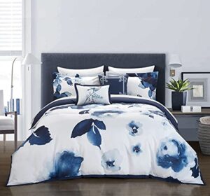chic home brookfield garden 5 piece comforter set large scale floral pattern print bedding-decorative pillows shams included, queen, blue