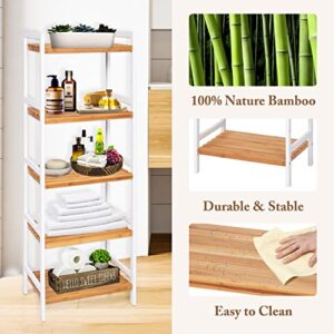 kinbor Bamboo Shelf - 5 Tier Utility Shelf, Bamboo Shelving Unit, Multipurpose Tall Bamboo Rack Display Shelf Unit for Home Office Bathroom Kitchen Living Room