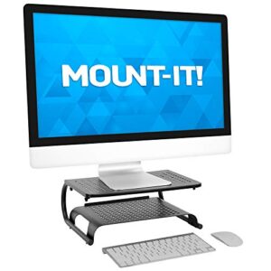 mount-it! 2 tier desk organizer riser | computer monitor stand with keyboard storage shelf for desktops, laptops, printers, home office space saver (2 shelves)