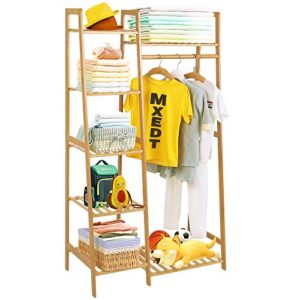coogou wood clothes rack garment racks for hanging bamboo clothing rack with shelves corner narrow hanging clothes racks for kids childs clothes organizer small space,free standing (ladder design)