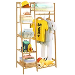 COOGOU Wood Clothes Rack Garment Racks for Hanging Bamboo Clothing Rack with Shelves Corner Narrow Hanging Clothes Racks for Kids Childs Clothes Organizer Small Space,Free Standing (Ladder Design)