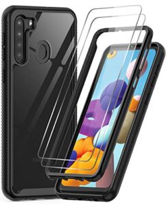 leyi for samsung galaxy a21 case, samsung a21 case, galaxy a21 phone case with [2x glass screen protector], full-body protective rugged hybrid bumper shockproof clear phone case for a21, black