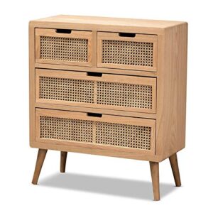 baxton studio alina medium oak finished wood and rattan 4-drawer accent chest