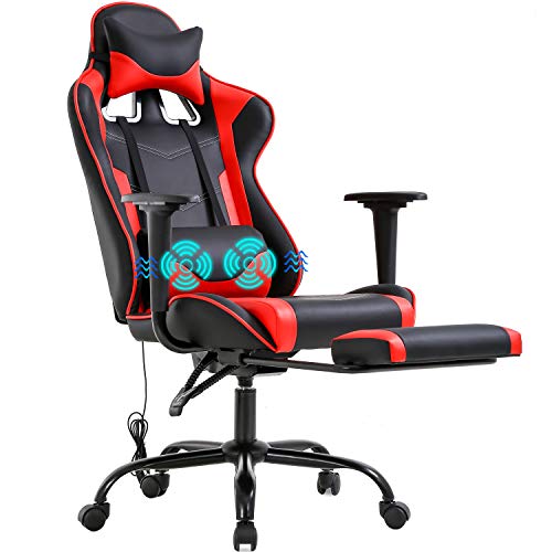 Gaming Chair Racing Office Chair PC Computer Chair Massage Desk Chair PU Leather Recliner Ergonomic Chair with Lumbar Support Headrest Armrest Footrest Rolling Swivel Task Chair for Women Adults, Red