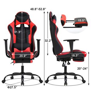 Gaming Chair Racing Office Chair PC Computer Chair Massage Desk Chair PU Leather Recliner Ergonomic Chair with Lumbar Support Headrest Armrest Footrest Rolling Swivel Task Chair for Women Adults, Red