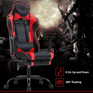 Gaming Chair Racing Office Chair PC Computer Chair Massage Desk Chair PU Leather Recliner Ergonomic Chair with Lumbar Support Headrest Armrest Footrest Rolling Swivel Task Chair for Women Adults, Red