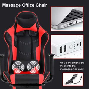 Gaming Chair Racing Office Chair PC Computer Chair Massage Desk Chair PU Leather Recliner Ergonomic Chair with Lumbar Support Headrest Armrest Footrest Rolling Swivel Task Chair for Women Adults, Red