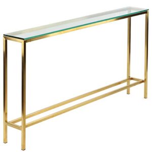 cortesi home juan console table, skinny 56" x 8", brushed gold color with clear 10mm glass,ch-at656930