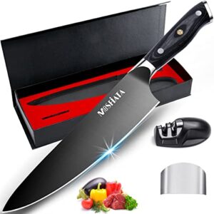 mosfiata 8” super sharp titanium plated chef's knife for kitchen with finger guard and knife sharpener in gift box, high carbon german stainless steel en1.4116 titanium coated stylish cooking knife