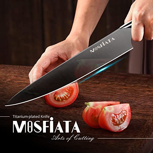 MOSFiATA 8” Super Sharp Titanium Plated Chef's Knife for Kitchen with Finger Guard and Knife Sharpener in Gift Box, High Carbon German Stainless Steel EN1.4116 Titanium Coated Stylish Cooking Knife