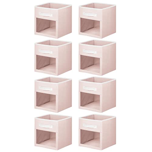 mDesign Fabric Nursery/Playroom Closet Storage Organizer Bin Box with Front Handle/Window for Cube Furniture Shelving Units, Hold Toys, Clothes, Diapers, Bibs, Jane Collection, 8 Pack - Pink/White