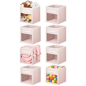 mdesign fabric nursery/playroom closet storage organizer bin box with front handle/window for cube furniture shelving units, hold toys, clothes, diapers, bibs, jane collection, 8 pack - pink/white