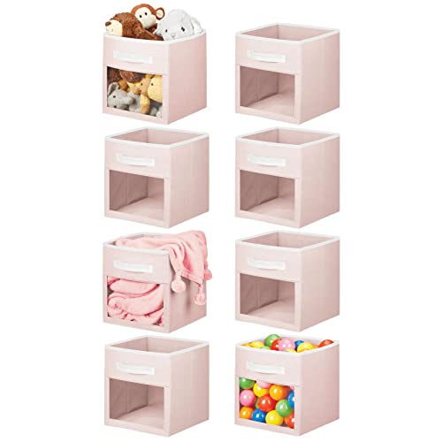 mDesign Fabric Nursery/Playroom Closet Storage Organizer Bin Box with Front Handle/Window for Cube Furniture Shelving Units, Hold Toys, Clothes, Diapers, Bibs, Jane Collection, 8 Pack - Pink/White