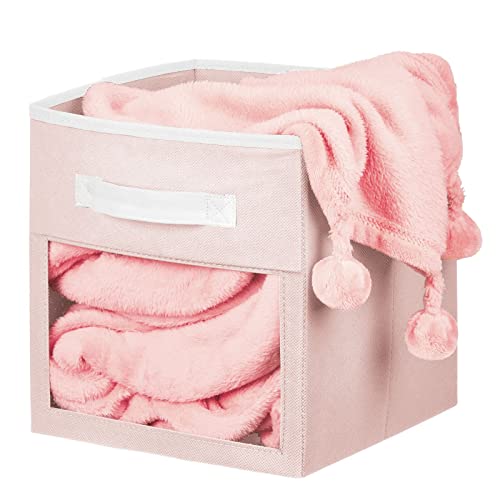 mDesign Fabric Nursery/Playroom Closet Storage Organizer Bin Box with Front Handle/Window for Cube Furniture Shelving Units, Hold Toys, Clothes, Diapers, Bibs, Jane Collection, 8 Pack - Pink/White