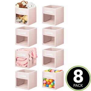 mDesign Fabric Nursery/Playroom Closet Storage Organizer Bin Box with Front Handle/Window for Cube Furniture Shelving Units, Hold Toys, Clothes, Diapers, Bibs, Jane Collection, 8 Pack - Pink/White