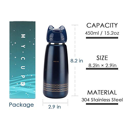 DIFFLIFE Cute Water Bottle For School, Vacuum Insulated Stainless Steel Thermos Mug，2019 New Cute Animals Insulation Bottle（Blue） (YUNDA)